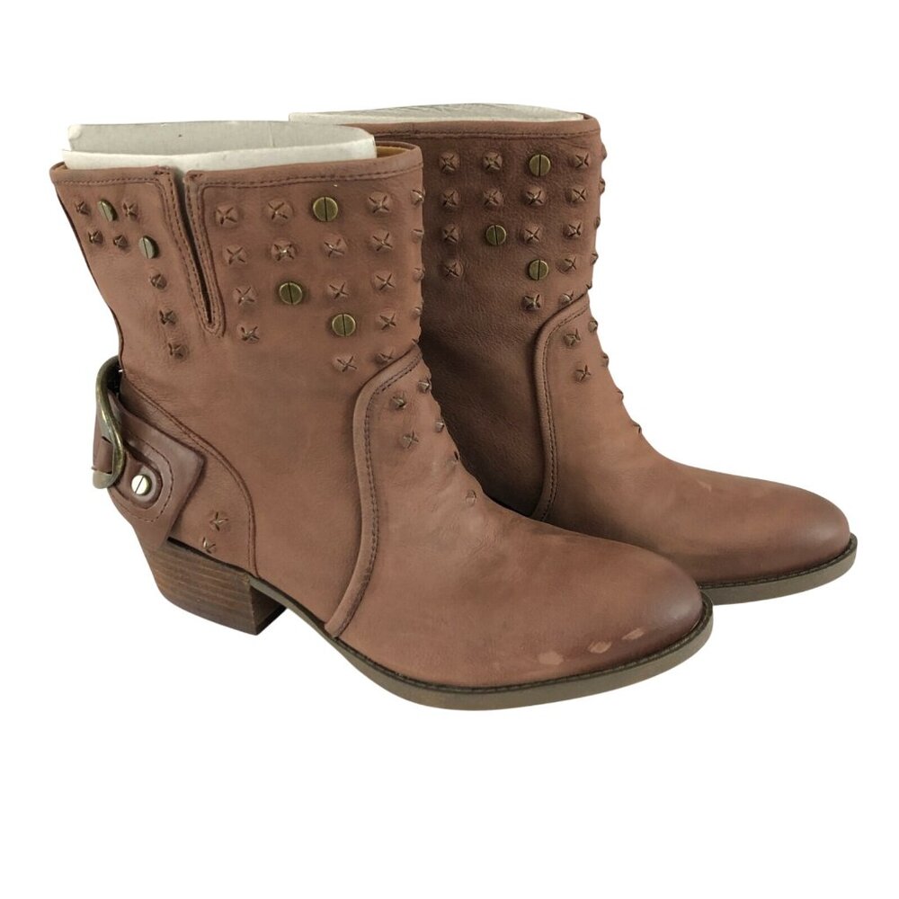Nine West Ankle Boots Western Leather Studded Buckle Slip On Brown Size 8.5
